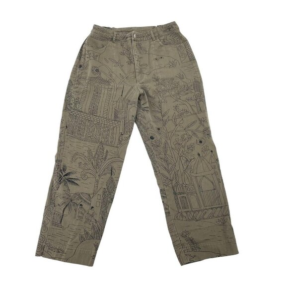 Chico's Funky Unique Polynesian Novelty Print Ankle Jeans Olive Green size 8 - Picture 1 of 10